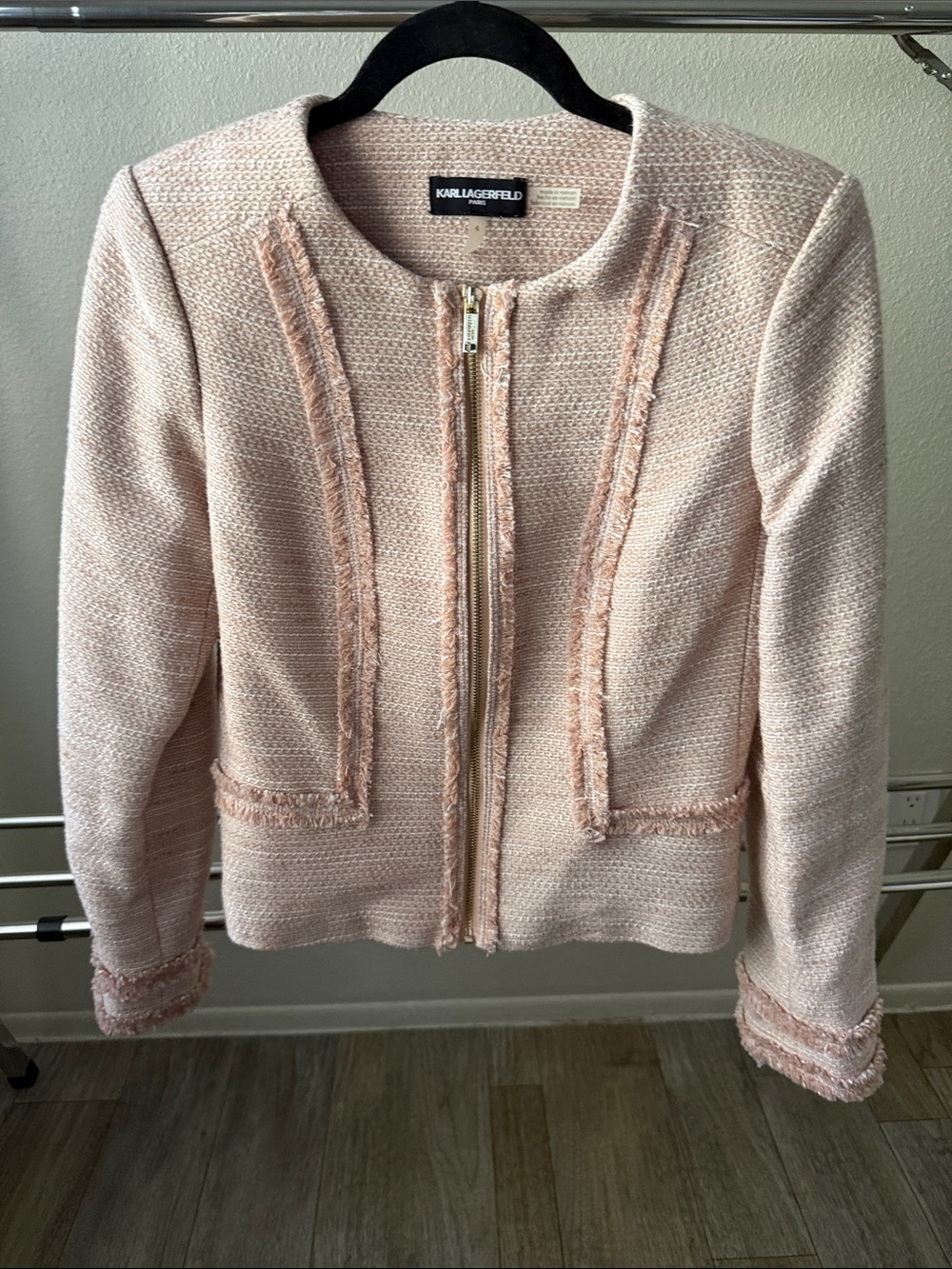 Karl Lagerfeld Pale Pink Tweed Zip-Front Blazer